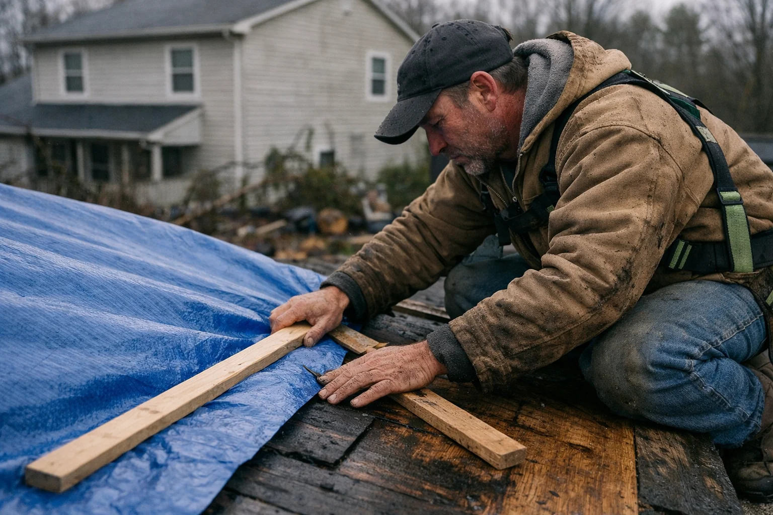 Contractor providing emergency roof repair service by tarping damaged shingles after a storm in the NC Triad area.