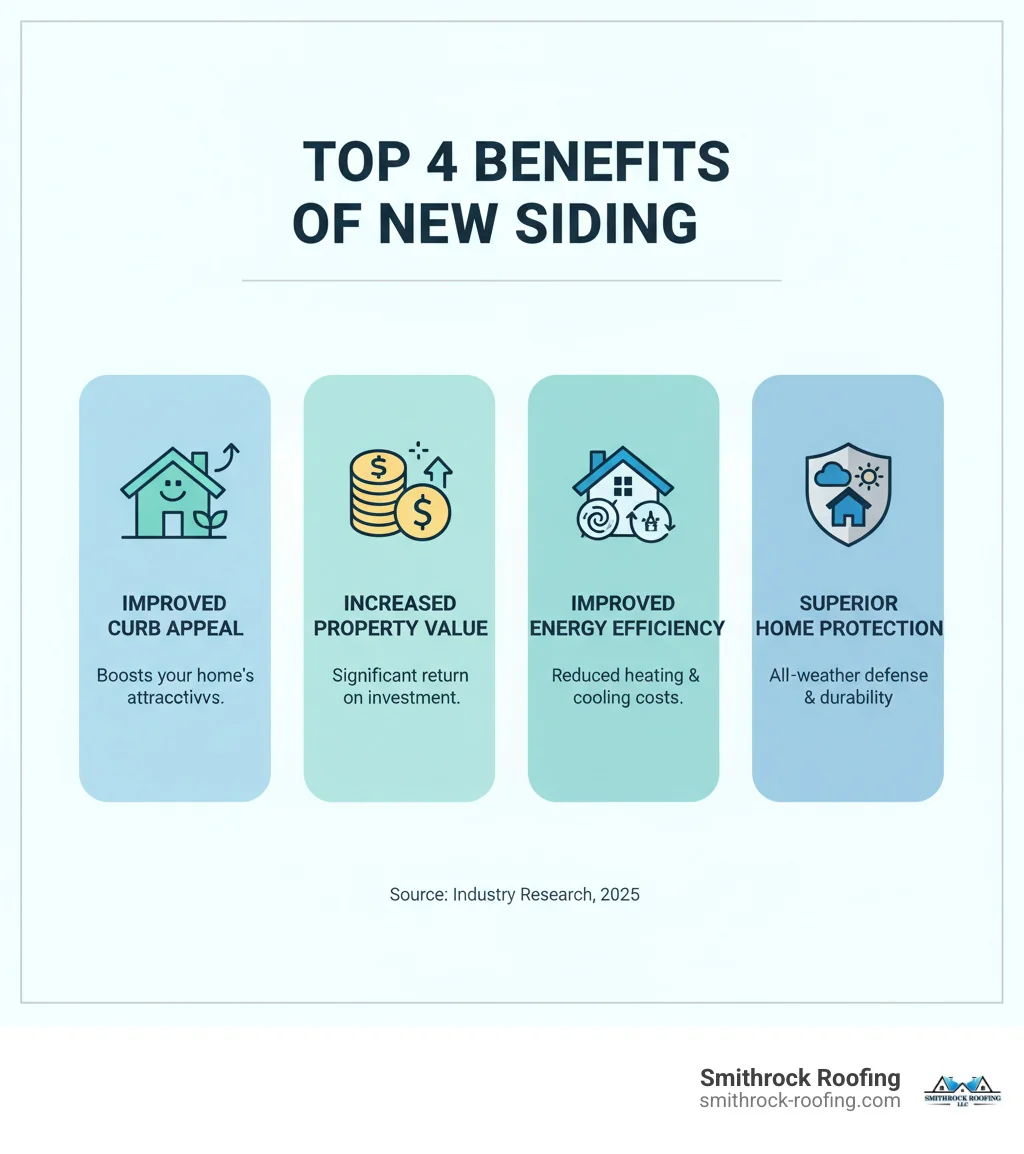 Infographic explaining the top 4 benefits of new siding: Improved Curb Appeal, Increased Property Value, Improved Energy Efficiency, and Superior Home Protection. - siding contractors infographic Infographic outlining 4 key benefits of new siding: curb appeal, property value, energy efficiency, and home protection.