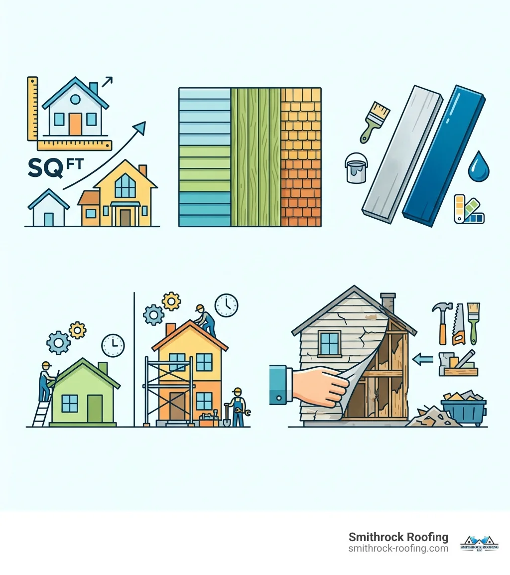 Infographic showing the top 5 factors that influence Hardie board siding cost: home size and square footage, siding style and texture chosen, pre-primed versus factory-painted ColorPlus finish, labor costs based on project complexity and number of stories, and additional expenses like old siding removal and structural repairs - Hardie board cost infographic Infographic outlining 5 key factors affecting Hardie board siding cost, including home size, style, finish, labor, and remova