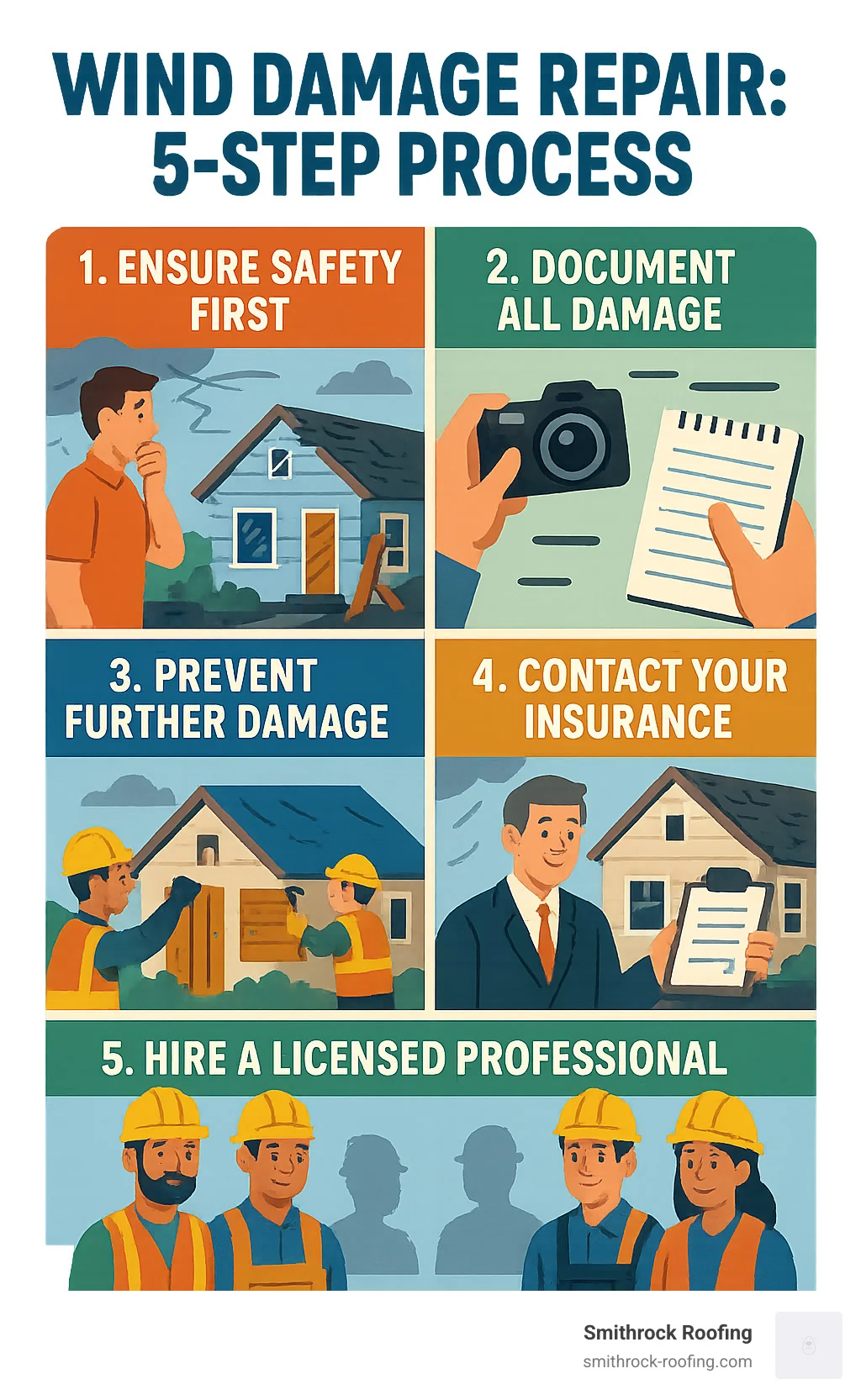 Comprehensive infographic showing the 5-step wind damage repair process: 1) Safety assessment with homeowner checking for hazards, 2) Documentation phase with camera and notepad, 3) Temporary mitigation with emergency tarps and boards, 4) Insurance claim filing with adjuster inspection, 5) Professional repair completion with contractor team - wind damage repair infographic 5-step wind damage repair process infographic covering safety assessment, documentation, temporary mitigation, insurance clai