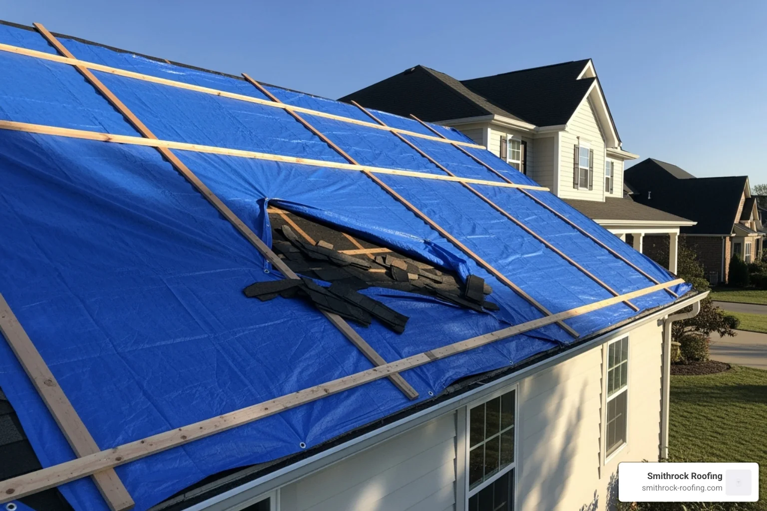 Properly installed emergency roof tarp covering a damaged section of a roof - wind damage repair Properly installed emergency roof tarp covering a damaged section of a roof - wind damage repair