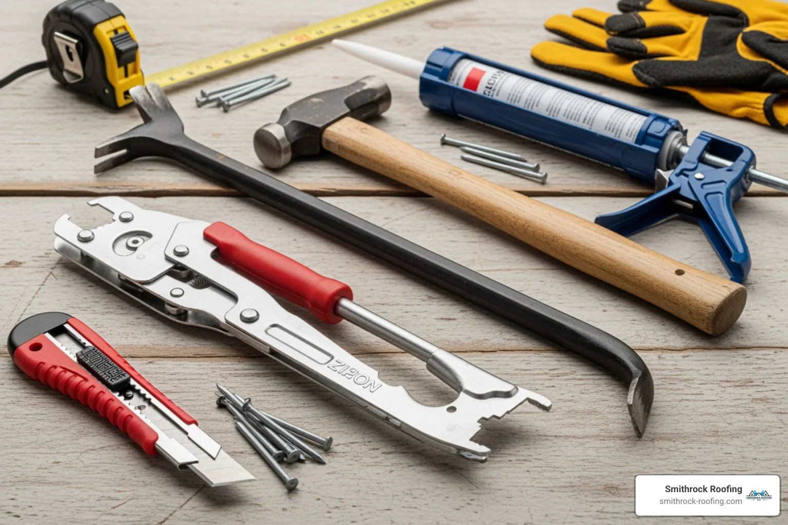 toolkit for siding repair including a zip tool, pry bar, hammer, and caulk gun - siding repair toolkit for siding repair including a zip tool, pry bar, hammer, and caulk gun - siding repair