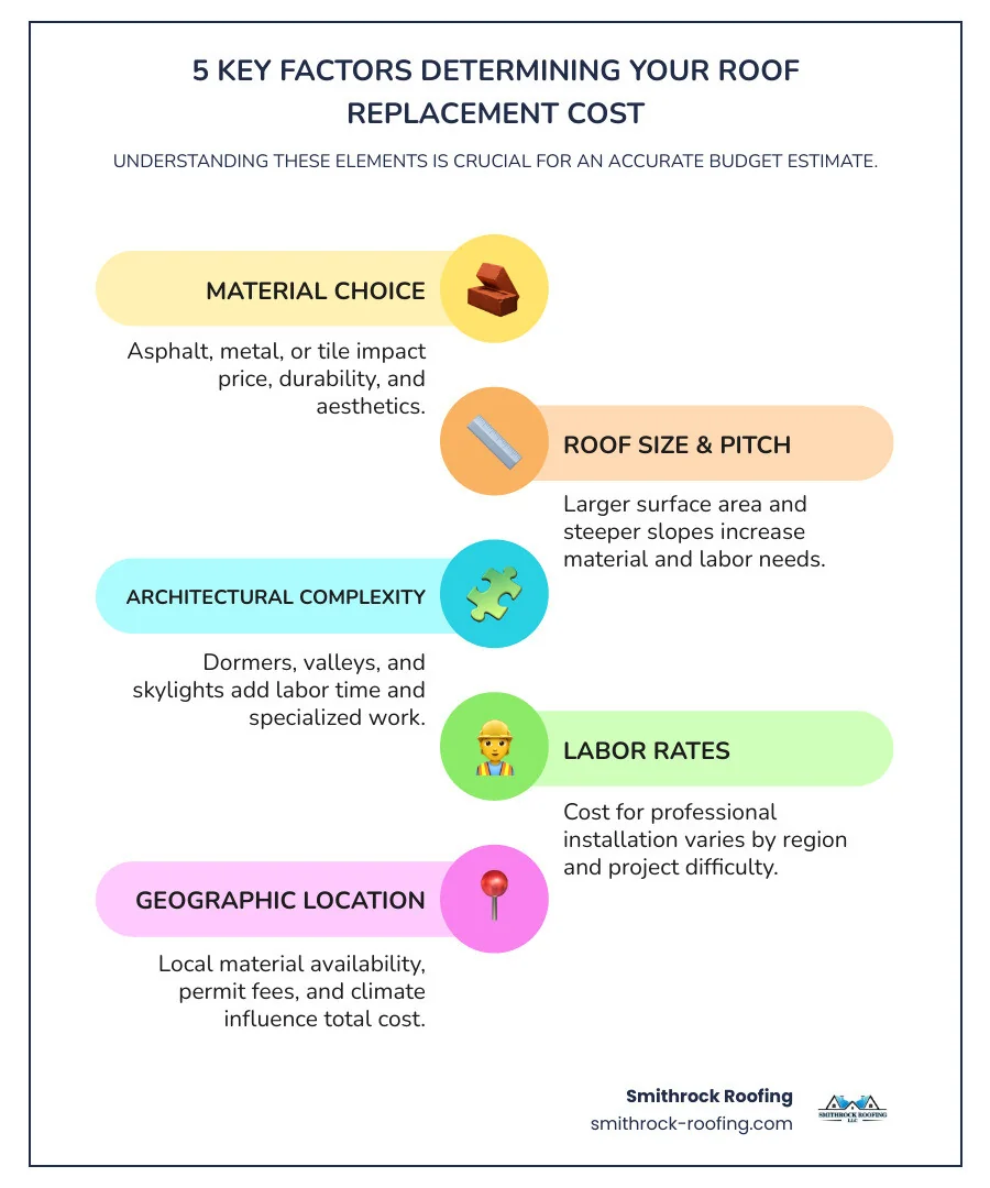 infographic showing the 5 key factors that determine roof replacement cost: Material type with examples of asphalt shingles and metal panels, Roof Size measured in square feet with a house diagram showing measurement points, Complexity illustrated with dormers and valleys, Labor Costs shown as a percentage of total project cost, and Location depicting regional price variations across a US map - roof cost calculator infographic infographic-line-5-steps-colors Infographic showing 5 key factors for roof replacement cost: materials, size, complexity, labor, and location variations acro