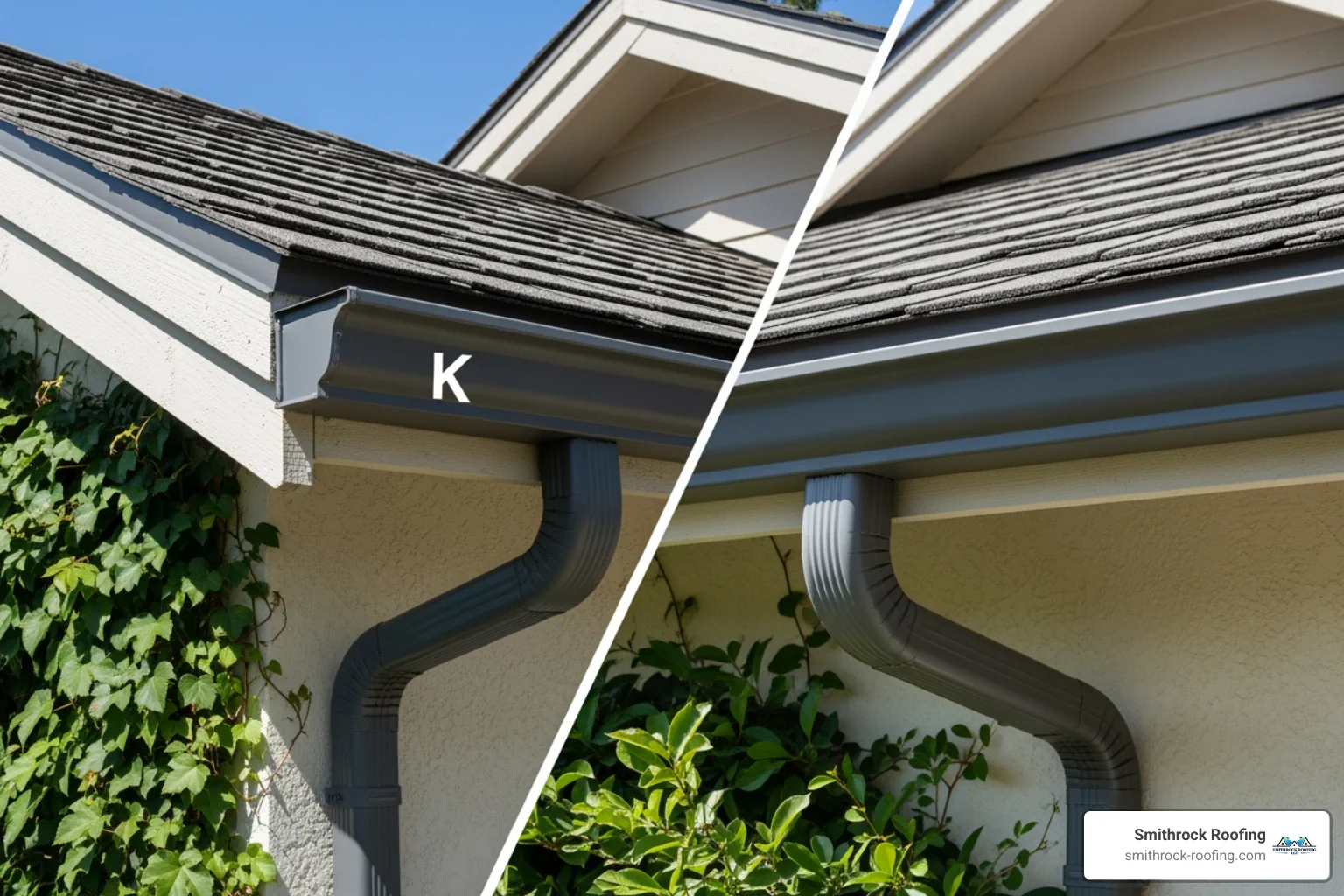 image showing the difference between K-style and half-round gutters - price of guttering per metre image showing the difference between K-style and half-round gutters - price of guttering per metre