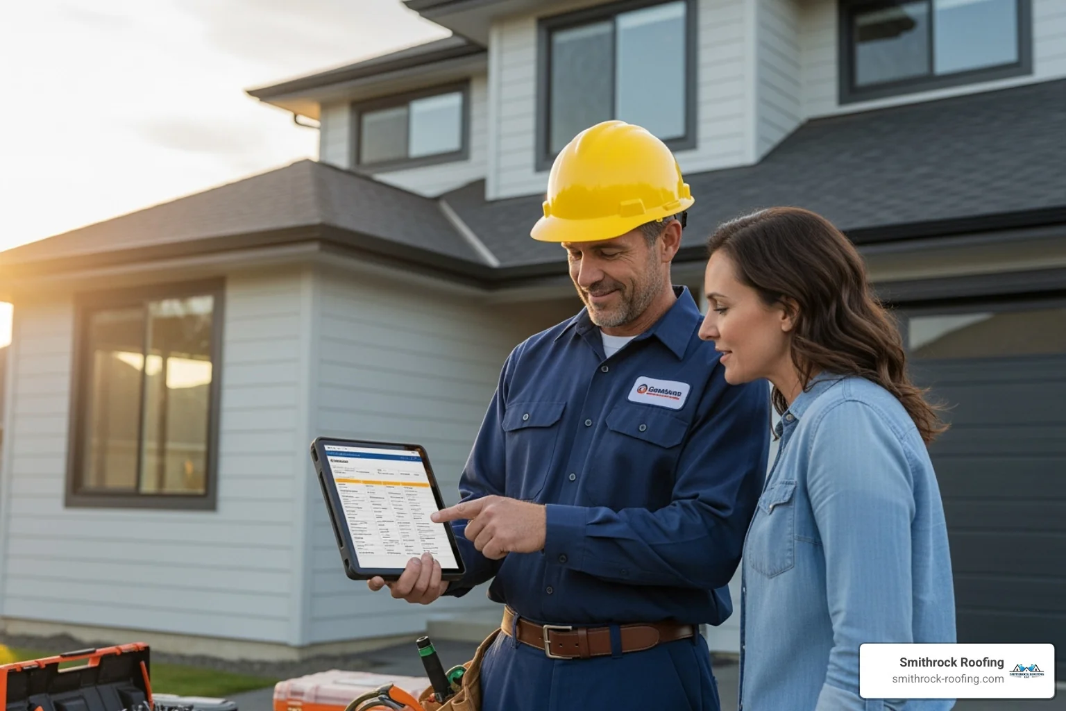 a professional roofer in uniform providing a homeowner with a detailed estimate on a tablet - roof leak repair a professional roofer in uniform providing a homeowner with a detailed estimate on a tablet - roof leak repair