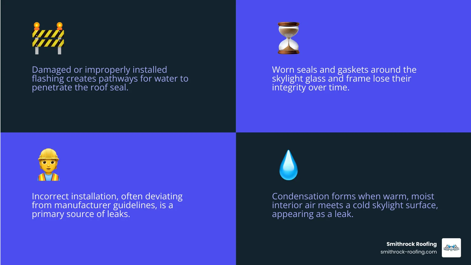 Infographic showing the top 4 causes of skylight leaks: Flashing Failure with corroded metal and gaps at corners; Seal Degradation showing cracked weatherstripping between glass and frame; Improper Installation depicting missing insulation and felt around the rough opening; and Condensation illustrating water droplets forming on cold glass in a humid room - common skylight leaks infographic 4_facts_emoji_blue Infographic showing 4 common skylight leak causes: flashing failure, seal degradation, improper installation, and condensatio
