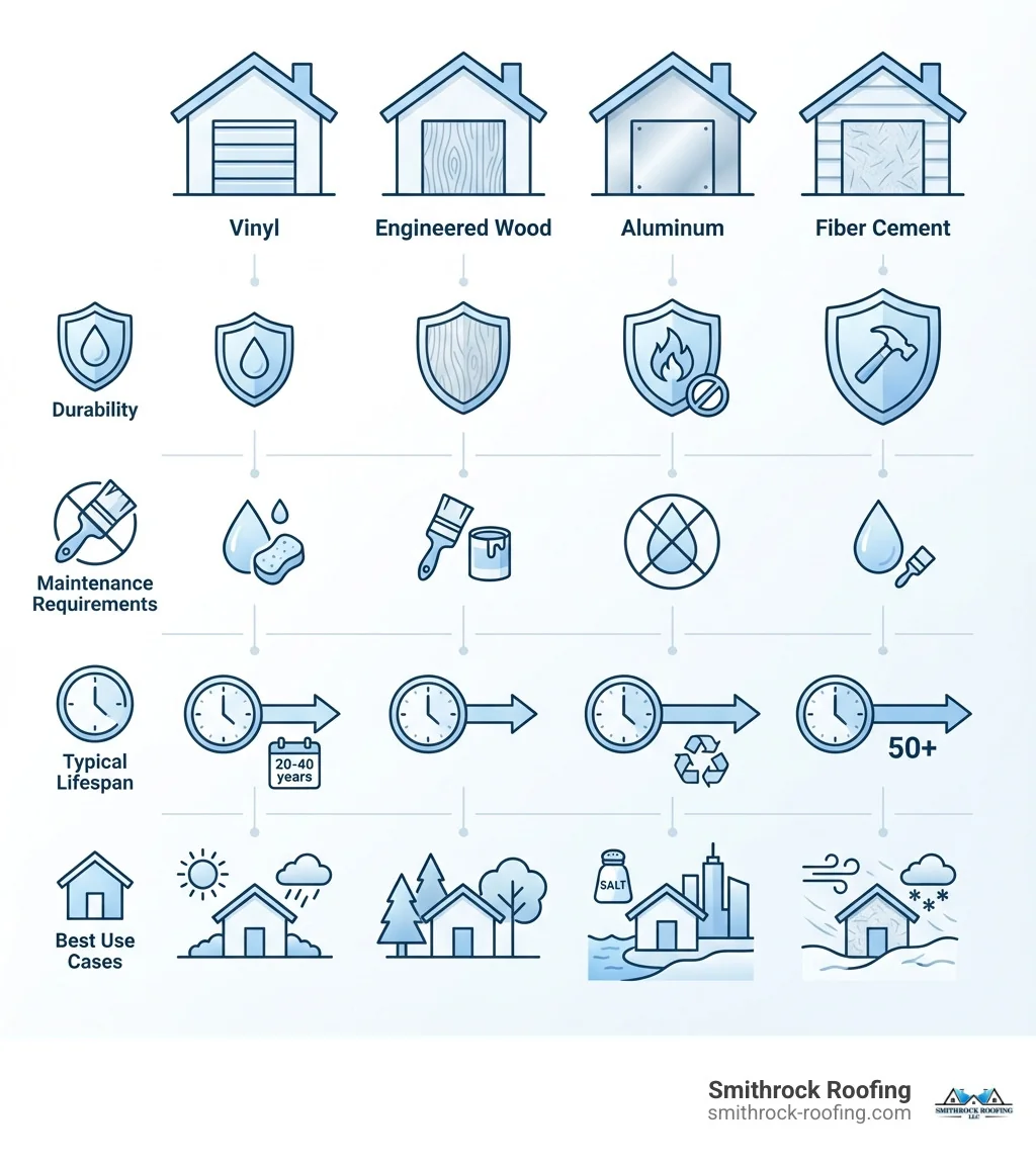 infographic comparing the four least expensive siding options side by side, showing vinyl, engineered wood, aluminum, and fiber cement with icons representing their key benefits like durability, maintenance requirements, typical lifespan, and best use cases for each material - least expensive siding options infographic Infographic comparing cheap siding options—vinyl, engineered wood, aluminum, and fiber cement—by durability, maintenance, lif