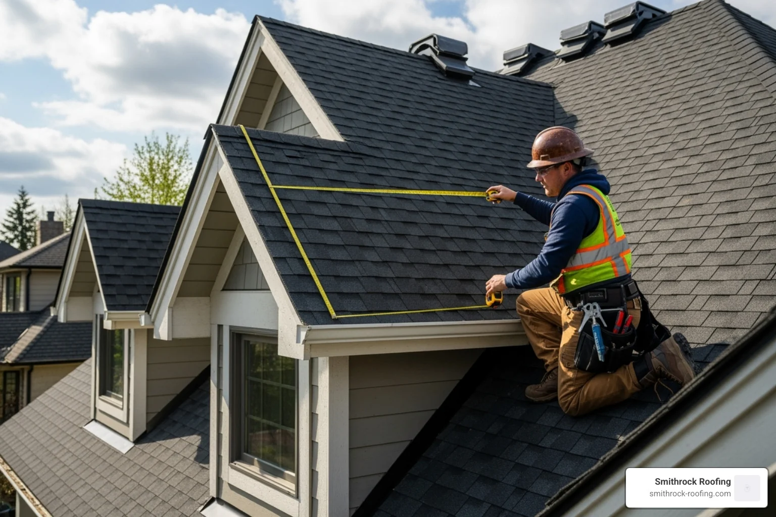 roofer measuring a complex roof with multiple gables and dormers. - roof replacement cost 2500 sq ft roofer measuring a complex roof with multiple gables and dormers. - roof replacement cost 2500 sq ft