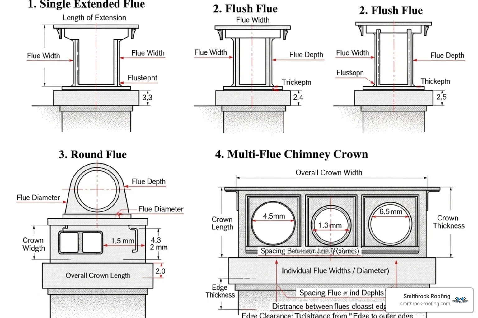 Image with diagrams showing how to measure a single extended flue, a flush flue, a round flue, and a multi-flue chimney crown. - fireplace cap installation Diagrams showing how to measure single extended, flush, round, and multi-flue chimneys for fireplace cap installation