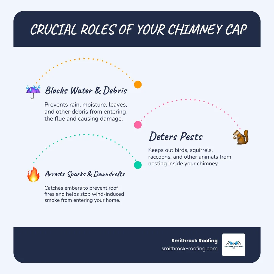 Infographic showing the five main functions of a chimney cap: 1. Blocking rain and moisture from entering the flue and damaging internal chimney components, 2. Stopping animals like birds, squirrels, and raccoons from nesting inside the chimney, 3. Arresting sparks and embers to prevent roof fires, 4. Preventing downdrafts caused by wind from pushing smoke back into the home, and 5. Keeping out leaves, twigs, and other debris that can block the flue - do i need a contractor to replace a chimney cap infographic infographic-line-3-steps-blues-accent_colors Infographic showing 5 chimney cap functions: blocking rain, stopping animals, arresting sparks, preventing downdrafts, and ke