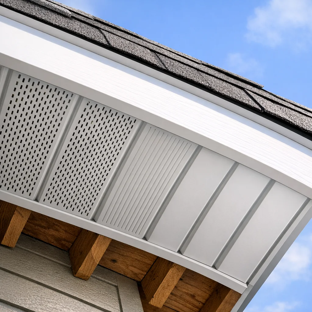 Close-up of vented aluminum soffit panels under a roof eave, showing perforated strips, rafter tails, and clean fascia board.