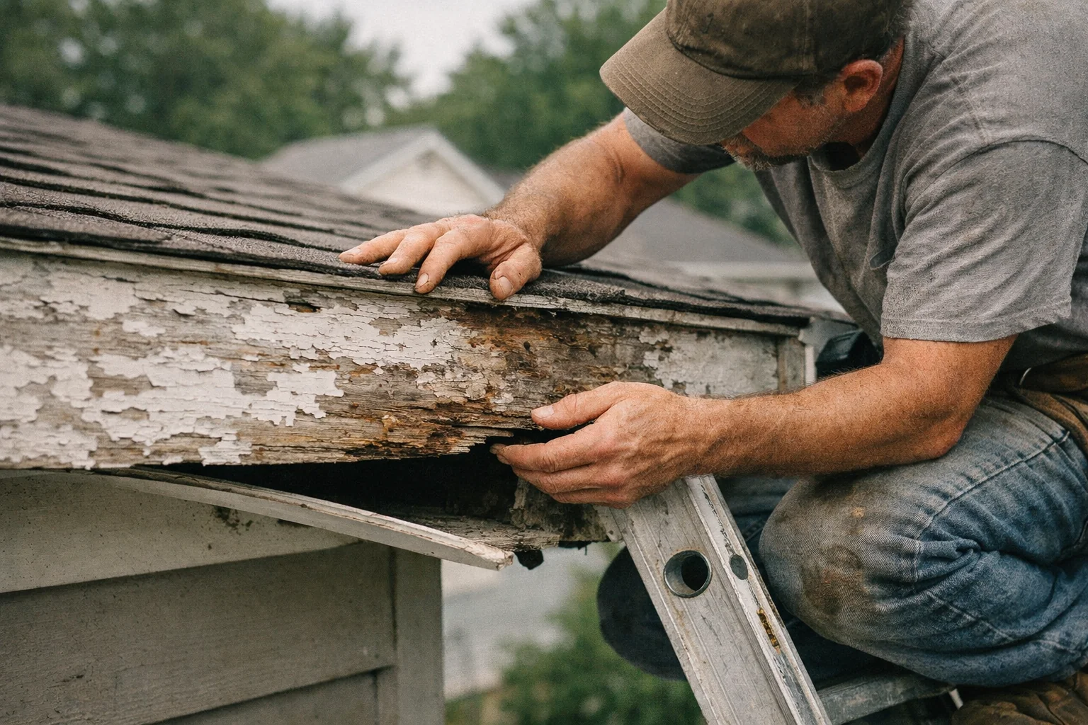 Close-up view of damaged fascia and soffit boards along a roofline requiring professional repair and replacement
