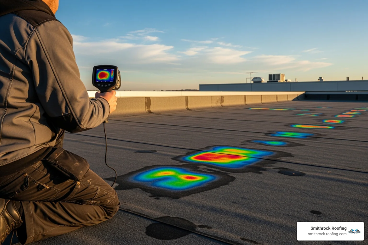 A professional using a thermal imaging camera on a flat roof, highlighting areas of moisture and temperature differences - roof slab leak repair Professional using thermal imaging camera on flat roof to detect moisture for roof slab leak repair