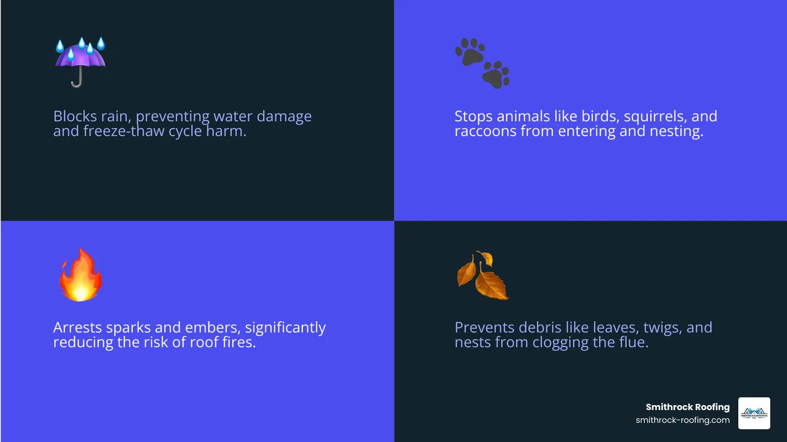 Infographic showing the four essential functions of a chimney cap: 1) A rain cloud with water droplets being blocked by the cap labeled "Prevents Water Damage", 2) A squirrel and bird being stopped by mesh screening labeled "Blocks Animal Entry", 3) Sparks and embers being contained by mesh labeled "Arrests Sparks and Embers", and 4) Leaves and twigs being kept out labeled "Stops Debris Accumulation" - types of chimney cap replacement infographic 4_facts_emoji_blue Infographic showing the four essential functions of a chimney cap: 1) A rain cloud with water droplets being blocked by the cap labeled "Prevents Water Damage", 2) A squirrel and bird being stopped by mesh screening labeled "Blocks Animal Entry", 3) Sparks and embers being contained by mesh labeled "Arrests Sparks and Embers", and 4) Leaves and twigs being kept out labeled "Stops Debris Accumulation" - types of chimney cap replacement infographic 4_facts_emoji_blue