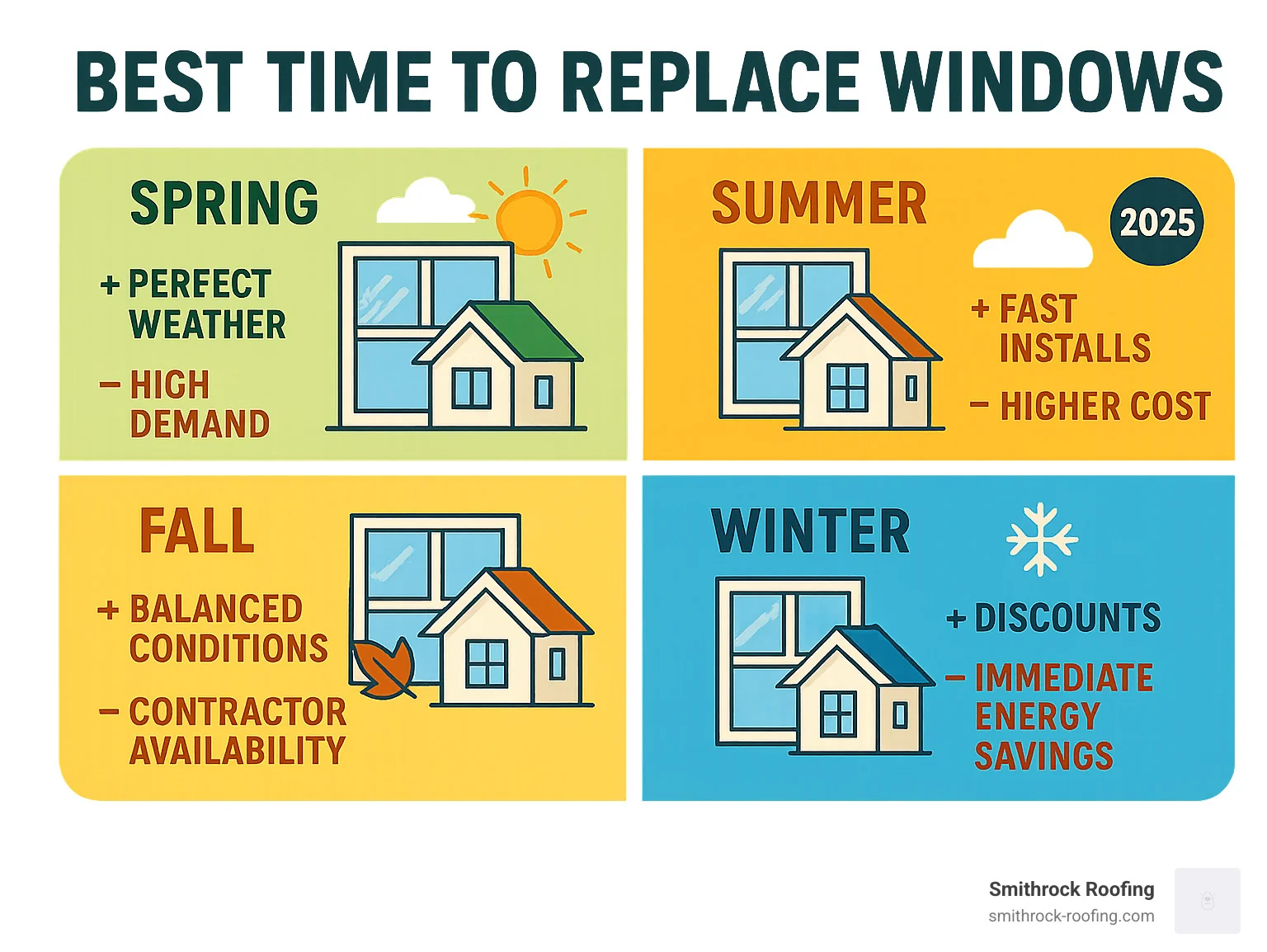 Seasonal window replacement timing infographic comparing spring, summer, fall, and winter pros and cons for the best time to