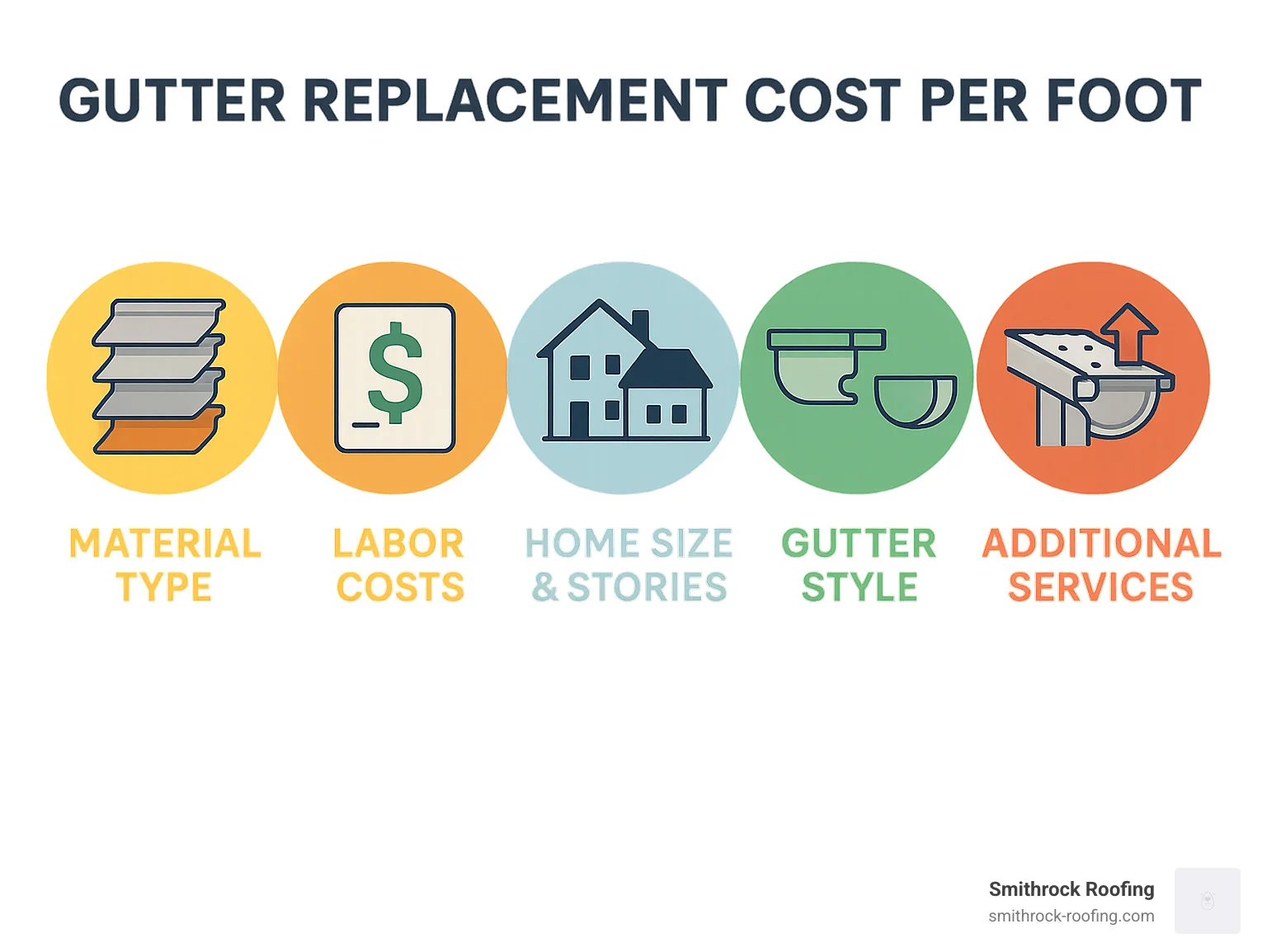 Infographic showing the 5 main factors influencing gutter replacement cost: Material type (vinyl $3-7/ft, aluminum $4-15/ft, steel $6-20/ft, copper $25-40+/ft), Labor costs ($4-7/ft average), Home size and stories (single story vs multi-story complexity), Gutter style (K-style vs half-round, sectional vs seamless), and Additional services (removal $1-2/ft, fascia repair $4-22/ft, gutter guards $3-15/ft) - gutter replacement cost per foot infographic Infographic breaking down gutter replacement cost per foot by material, labor, home size, style, and add-on services.