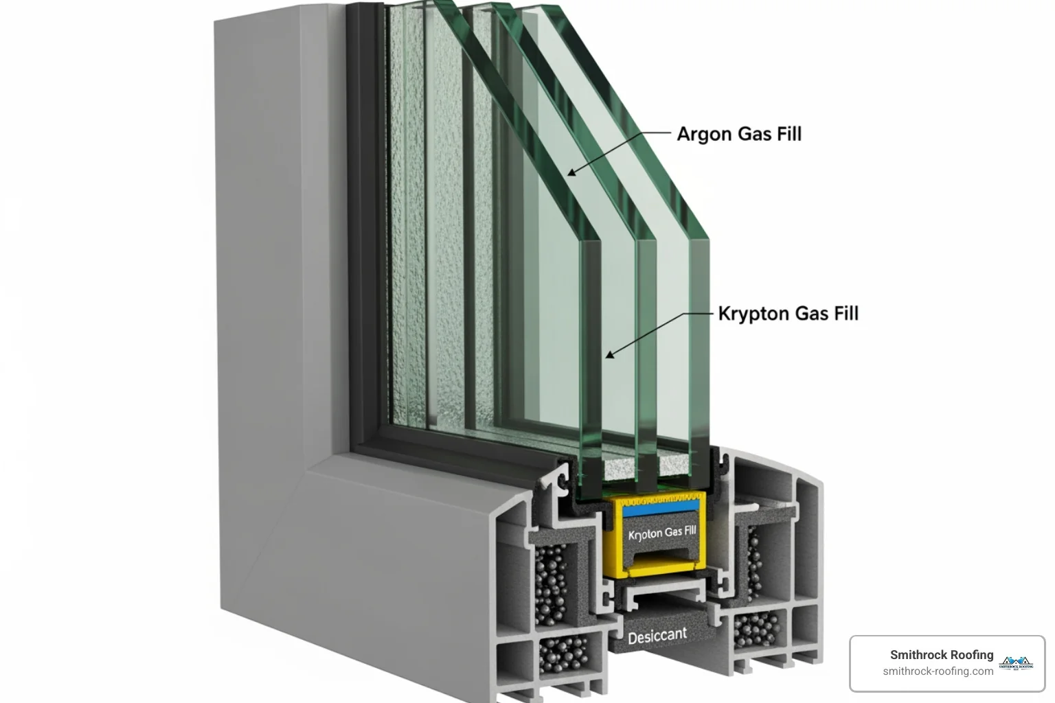 A detailed cross-section of a triple-pane window, clearly showing the three layers of glass, the gas fills (argon/krypton) in the spaces between them, and the insulated spacers around the edges - energy efficient window upgrades Cross-section of a triple-pane window showing glass layers, argon gas fills, and insulated spacers for energy efficient upgra