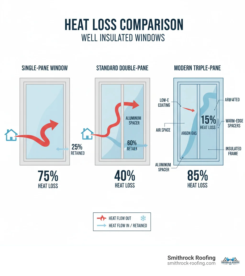 detailed infographic showing heat loss comparison: single-pane window losing 75% of heat, standard double-pane losing 40% of heat, and modern triple-pane insulated window with Low-E coating and argon gas losing only 15% of heat, with arrows indicating heat flow and labels for each component including warm-edge spacers and insulated frame - well insulated windows infographic Infographic comparing heat loss in single-pane (75%), double-pane (40%), and well insulated windows with Low-E coating (15%).