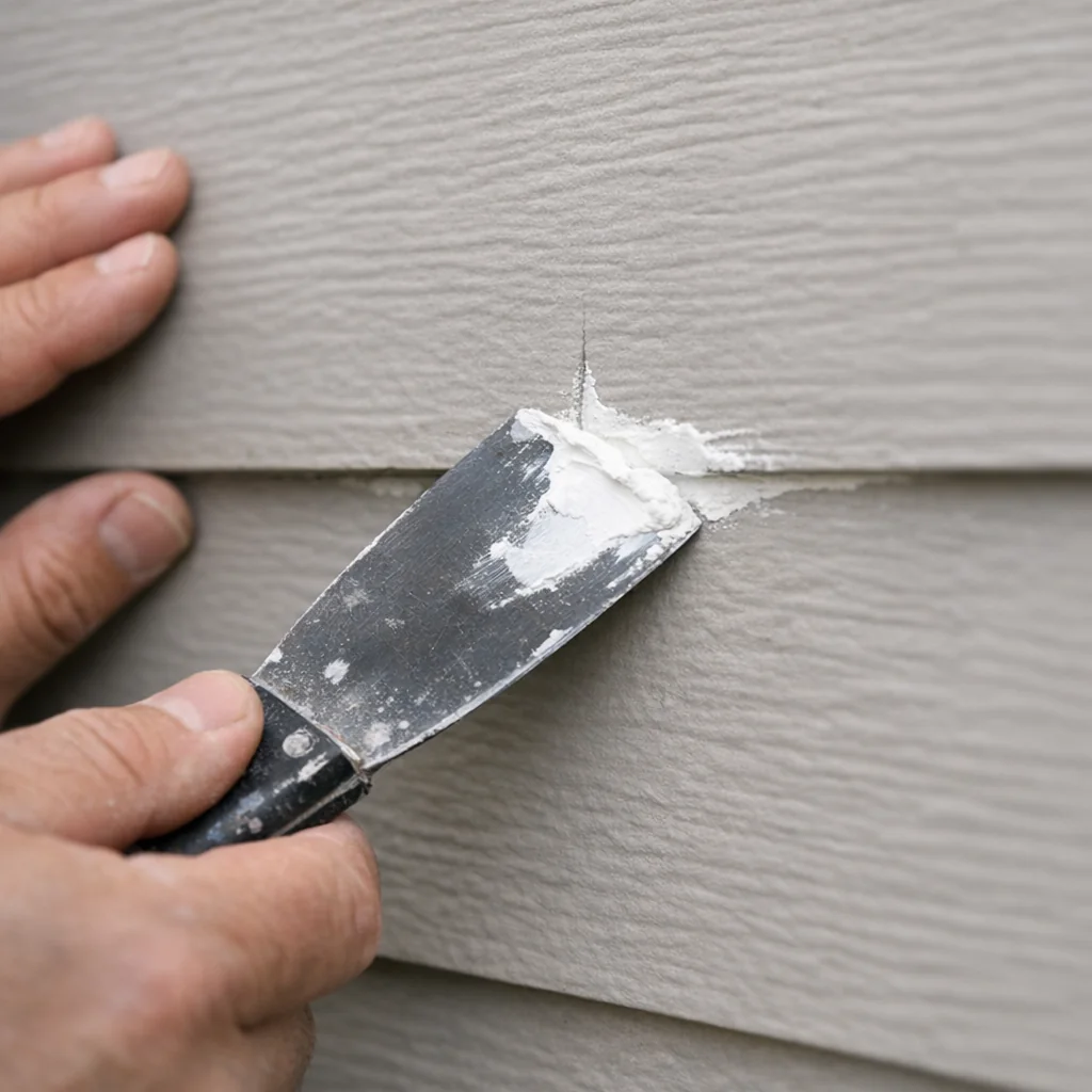 Close-up of fiber cement siding crack being filled with patching compound using a putty knife for a smooth repair.