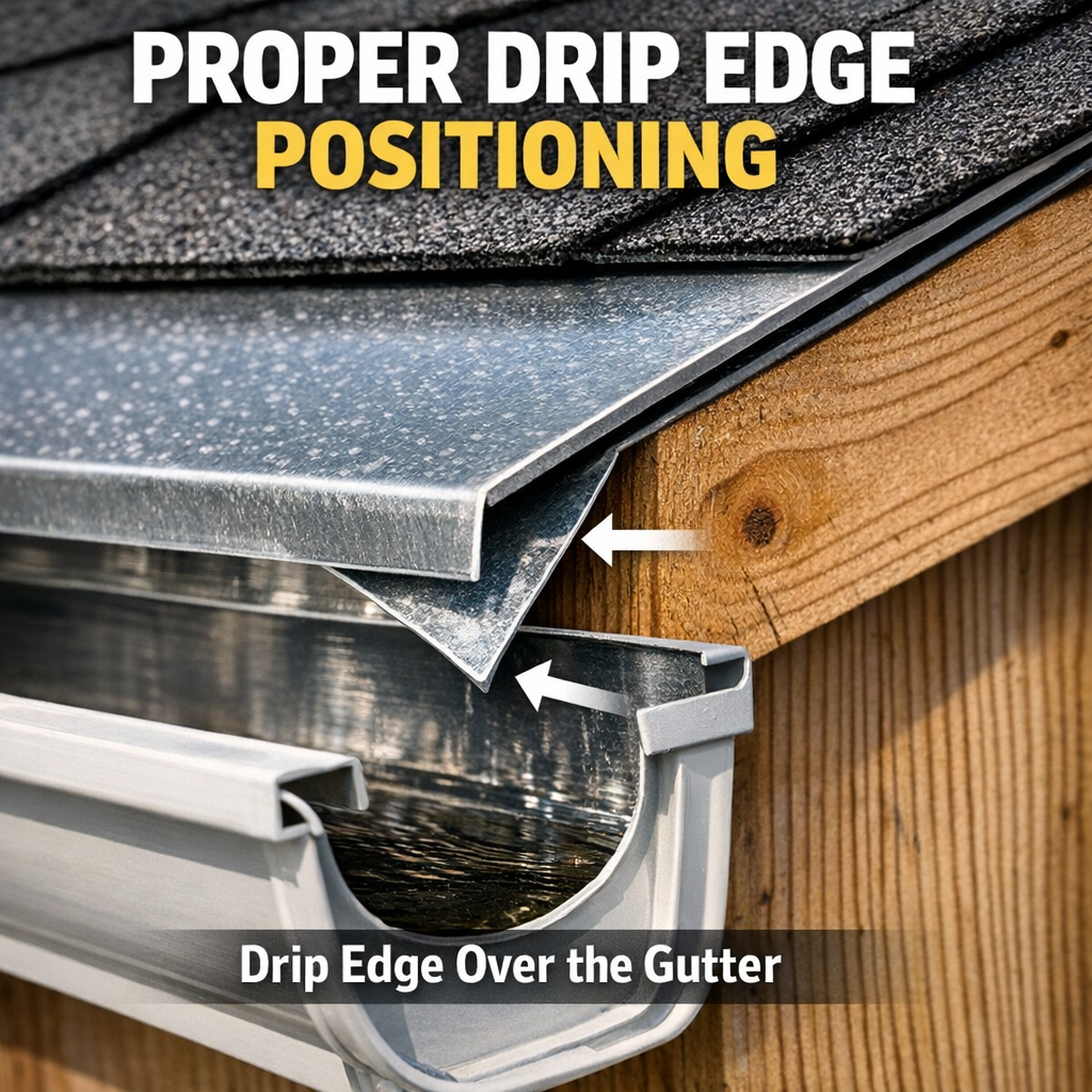 Close-up of rain gutter installation showing drip edge metal flashing positioned correctly over the gutter opening above the