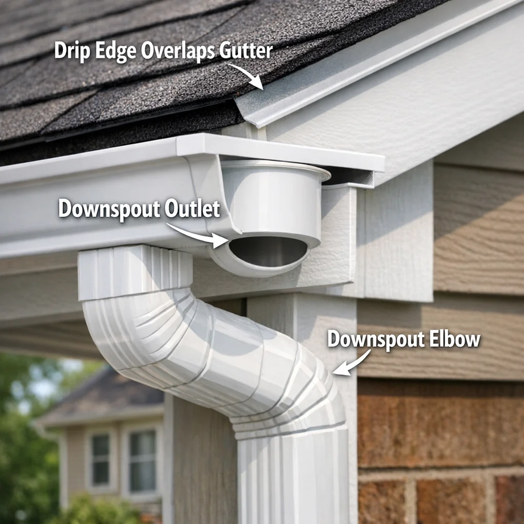 Close-up of K-style gutter installation corner showing downspout outlet, elbow, drip edge flashing, and fascia board.