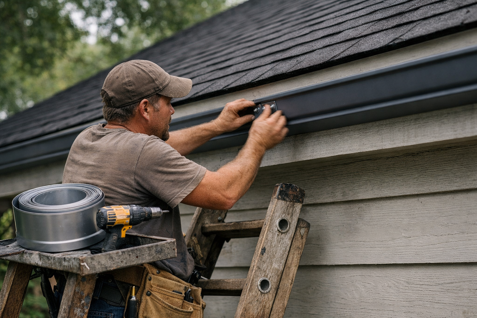 Close-up of professional gutter installation showing properly pitched aluminum gutters mounted on fascia board with hidden hangers.