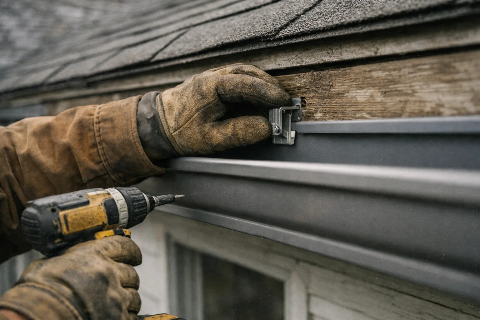 Close-up of gutter installation showing hidden bracket hangers, drip edge flashing, and proper pitch alignment on a residential home.