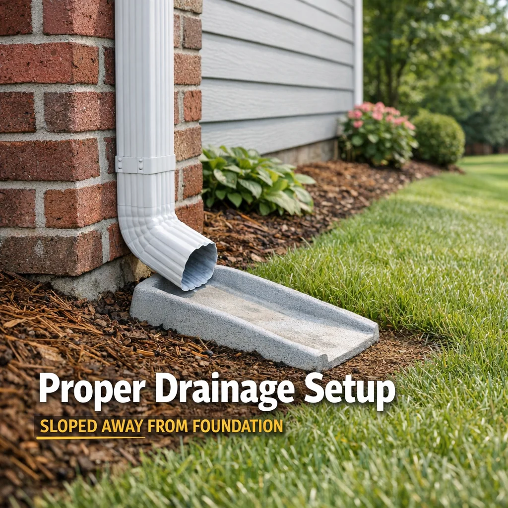 Downspout with splash block directing water away from brick home's foundation, part of professional gutter installation servi