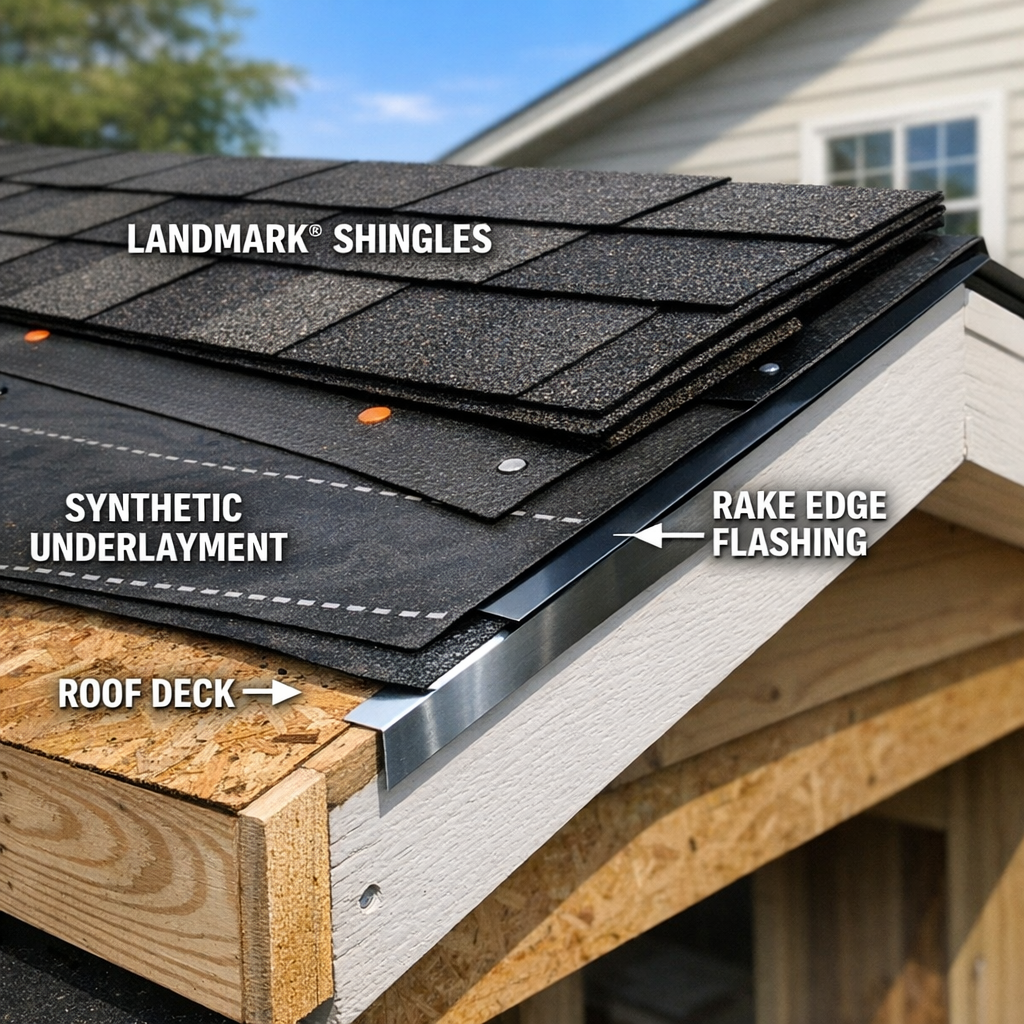 Close-up of layered CertainTeed shingles, underlayment, and flashing on a High Point NC roofing installation.