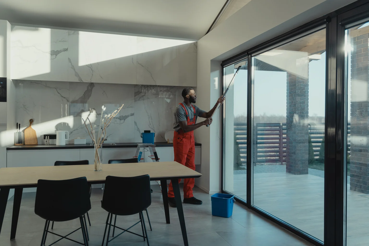 person cleaning a new, clear window with a squeegee - replacing misted double glazed units near me person cleaning a new, clear window with a squeegee - replacing misted double glazed units near me