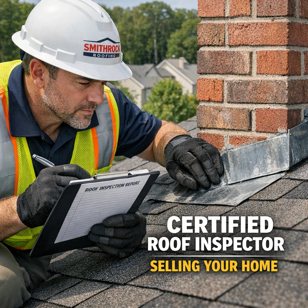 Certified roofing inspector examining chimney flashing during a roof inspection before selling a house in an NC Triad neighbo
