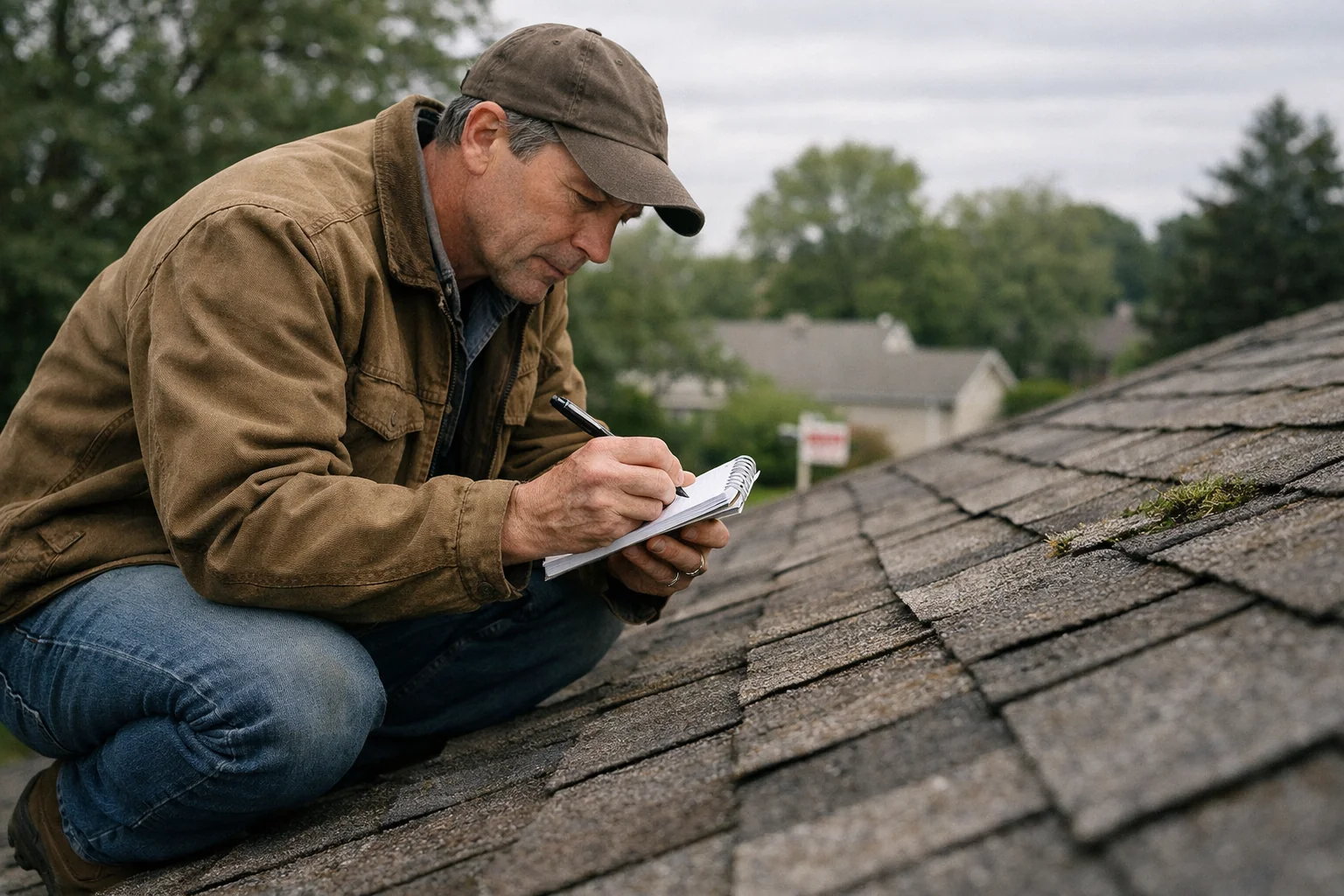 Home inspector examining roof condition during a pre-listing roof inspection before selling a house