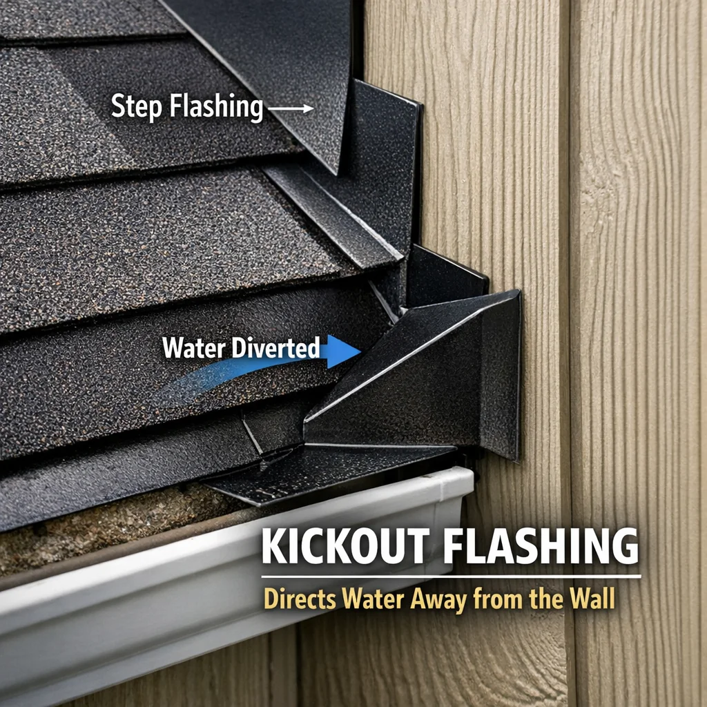 Kickout flashing directing water away from siding wall during roof installation, with step flashing visible above the transit