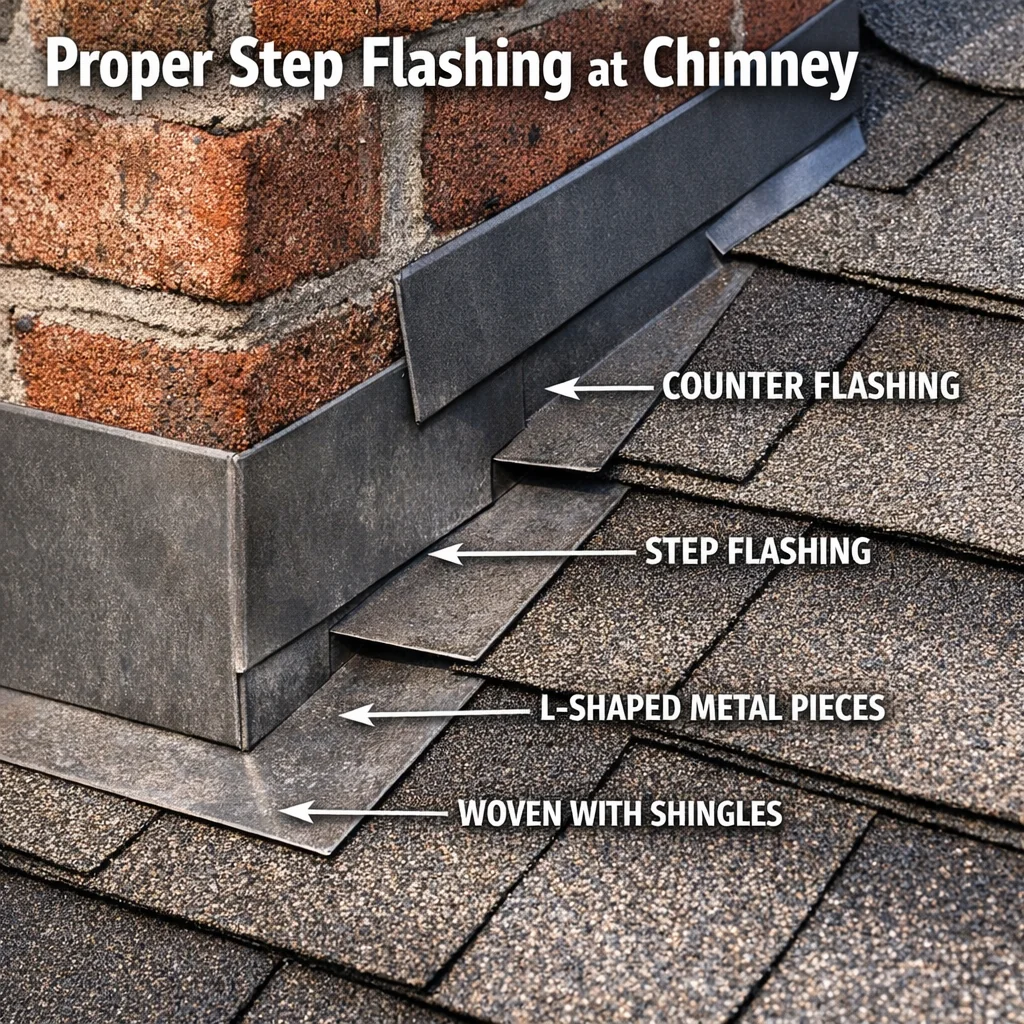 Close-up of step flashing at a chimney junction showing L-shaped metal units layered between shingles during roof installatio