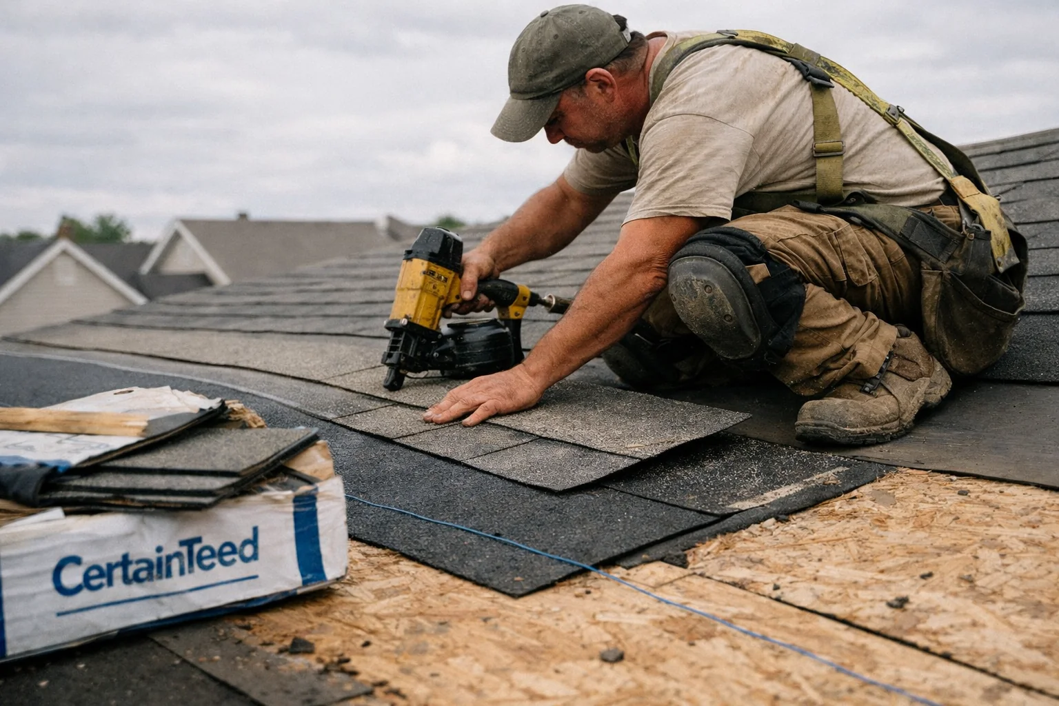 Professional roof installation showing shingle placement, underlayment, and flashing details on a residential home in North Carolina.