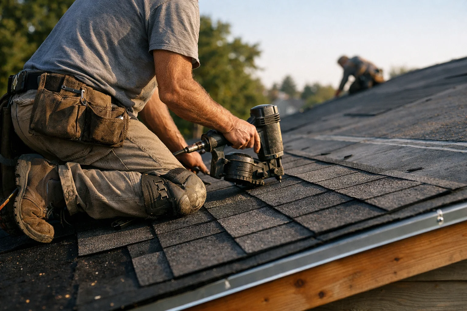 Diagram showing roof installation layers including underlayment, drip edge, and shingles on a residential home.