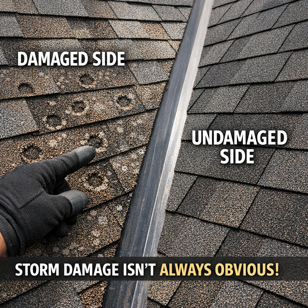 Gloved hand pointing to hail damage on one roof slope beside an intact slope, showing why roof repair vs roof replacement dec