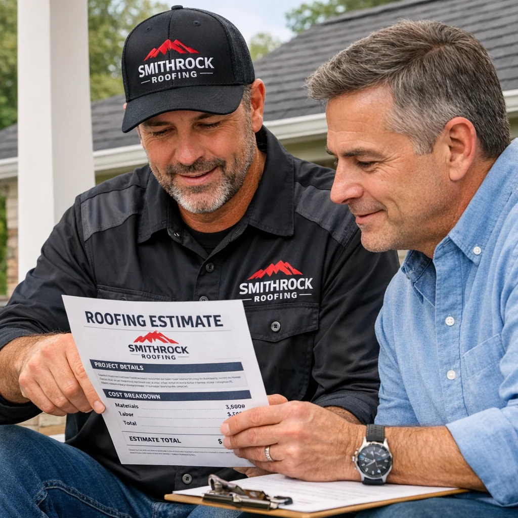 Roofing contractor and homeowner reviewing estimate together on a Clemmons, NC residential porch.