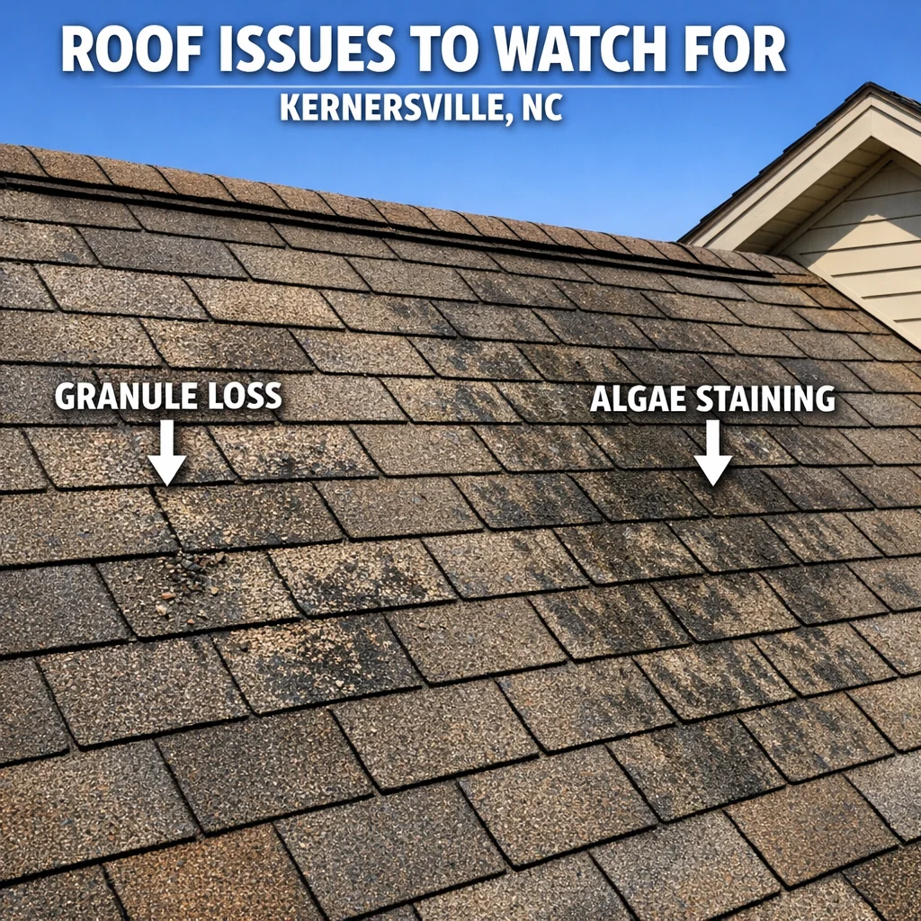 Asphalt shingles on a Kernersville NC home showing early algae staining and granule loss on a north-facing slope