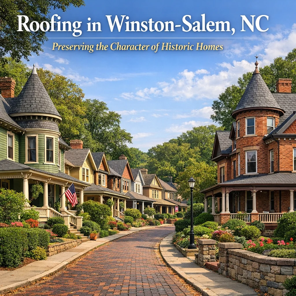 Historic Winston-Salem NC neighborhood streetscape showcasing varied architectural shingle rooflines beneath a mature tree ca