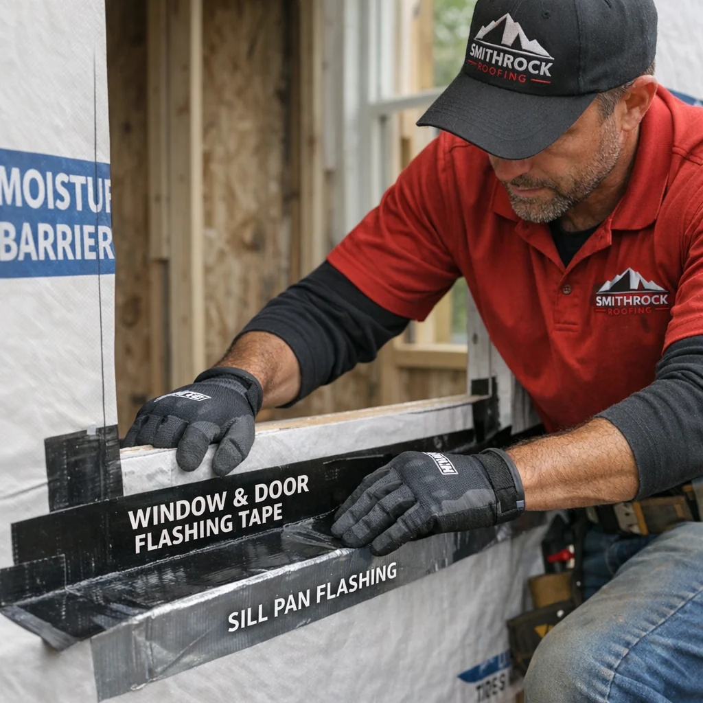Smithrock Roofing crew member installing house wrap and sill flashing tape around a window opening for siding in Greensboro N