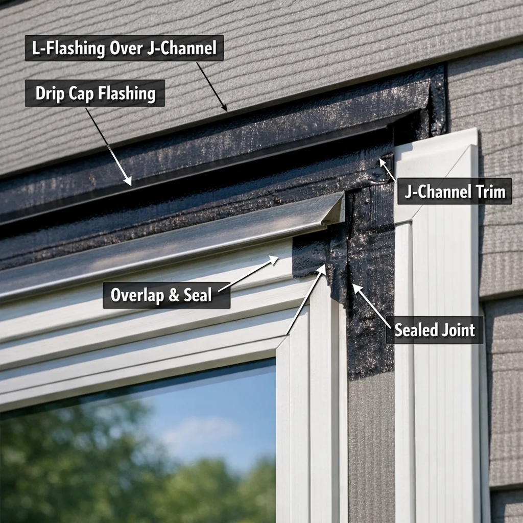 Close-up of proper window flashing and J-channel installation on a fiber cement siding project in Winston-Salem, NC.