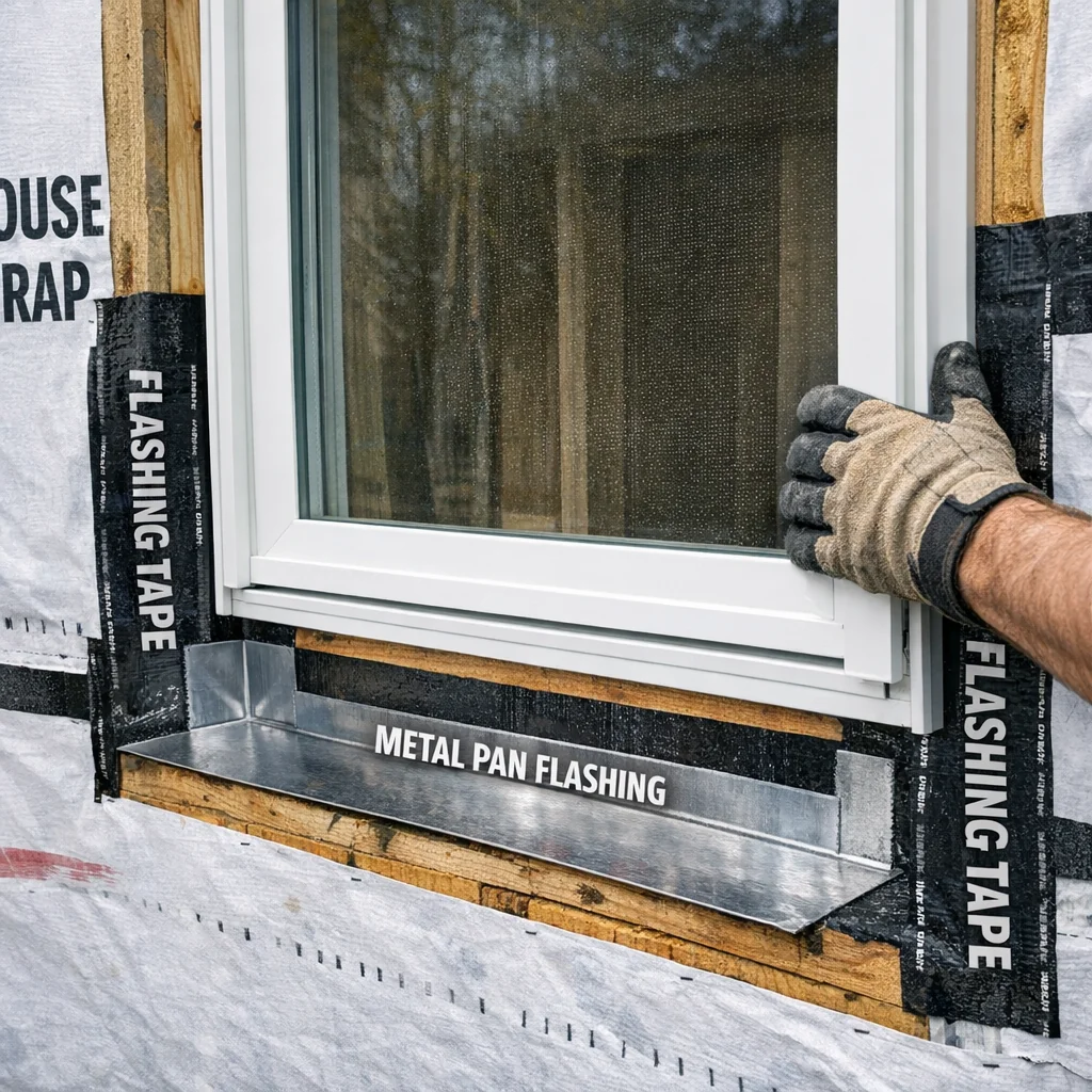 Close-up of a residential window rough opening during installation, showing pan flashing, tape, and housewrap at the sill.