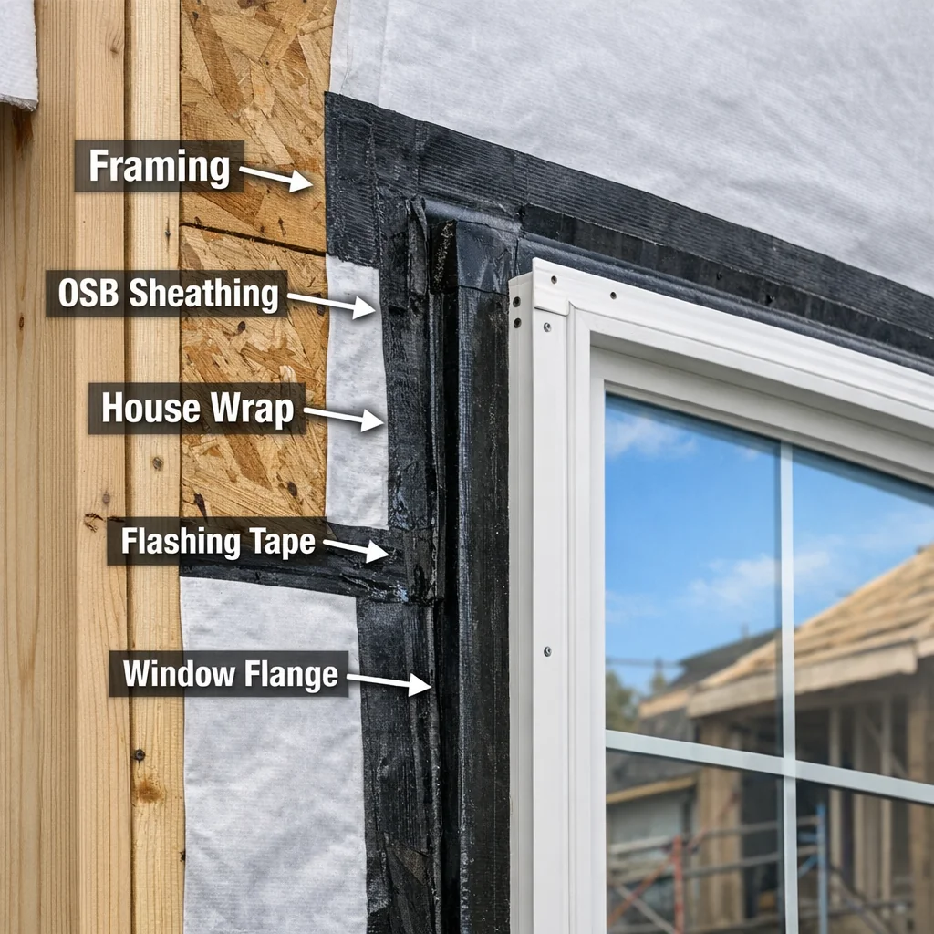 Cross-section of residential wall layers around a window rough opening showing framing, sheathing, housewrap, flashing, and f