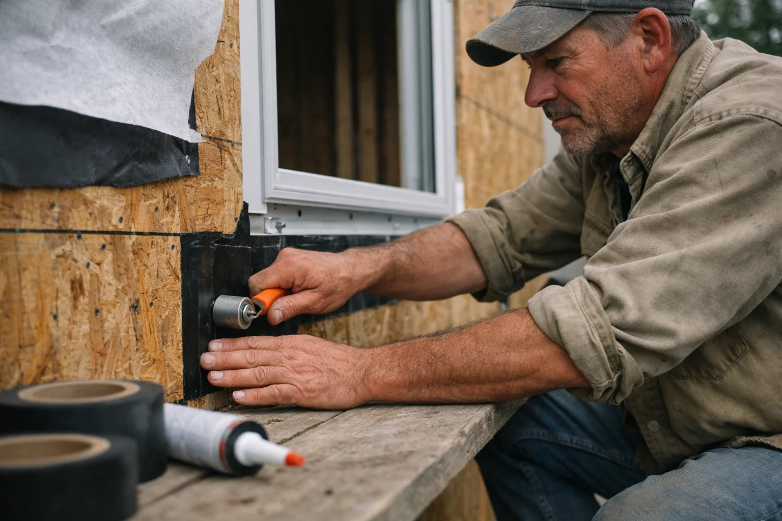 Close-up of window installation showing flashing tape, housewrap, and nailing flange sealed around rough opening framing.