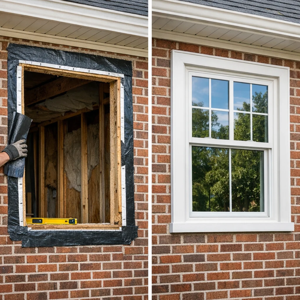 Before and after full-frame window replacement on a brick home, showing rough opening with flashing and finished install with