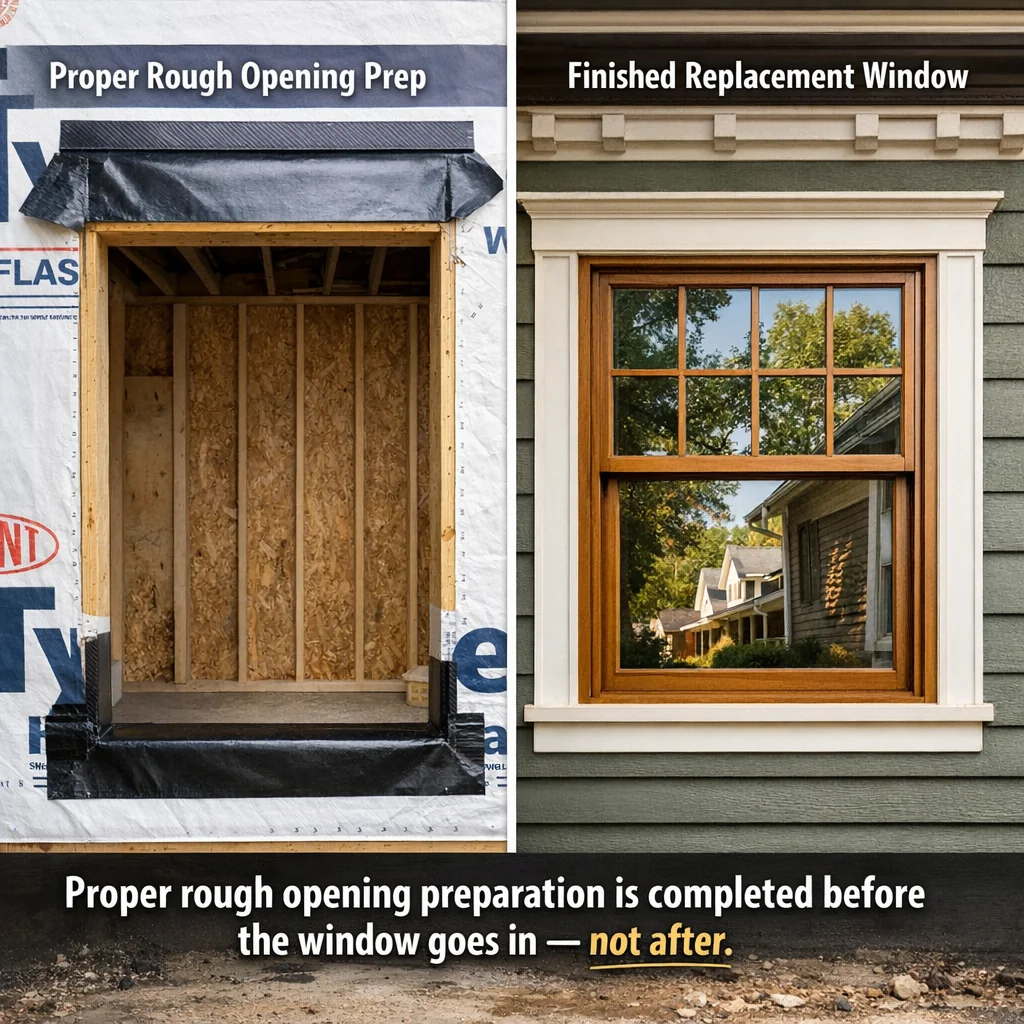 Split view: flashed rough opening with sill pan beside a finished wood-clad window replacement in a Winston-Salem, NC craftsm