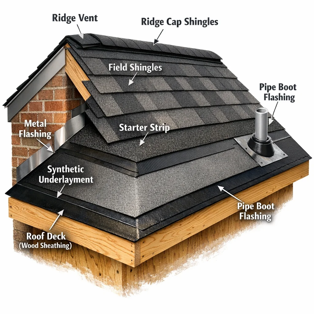 Cross-section diagram of a residential roof system showing layers: deck, underlayment, shingles, flashing, and ridge vent.