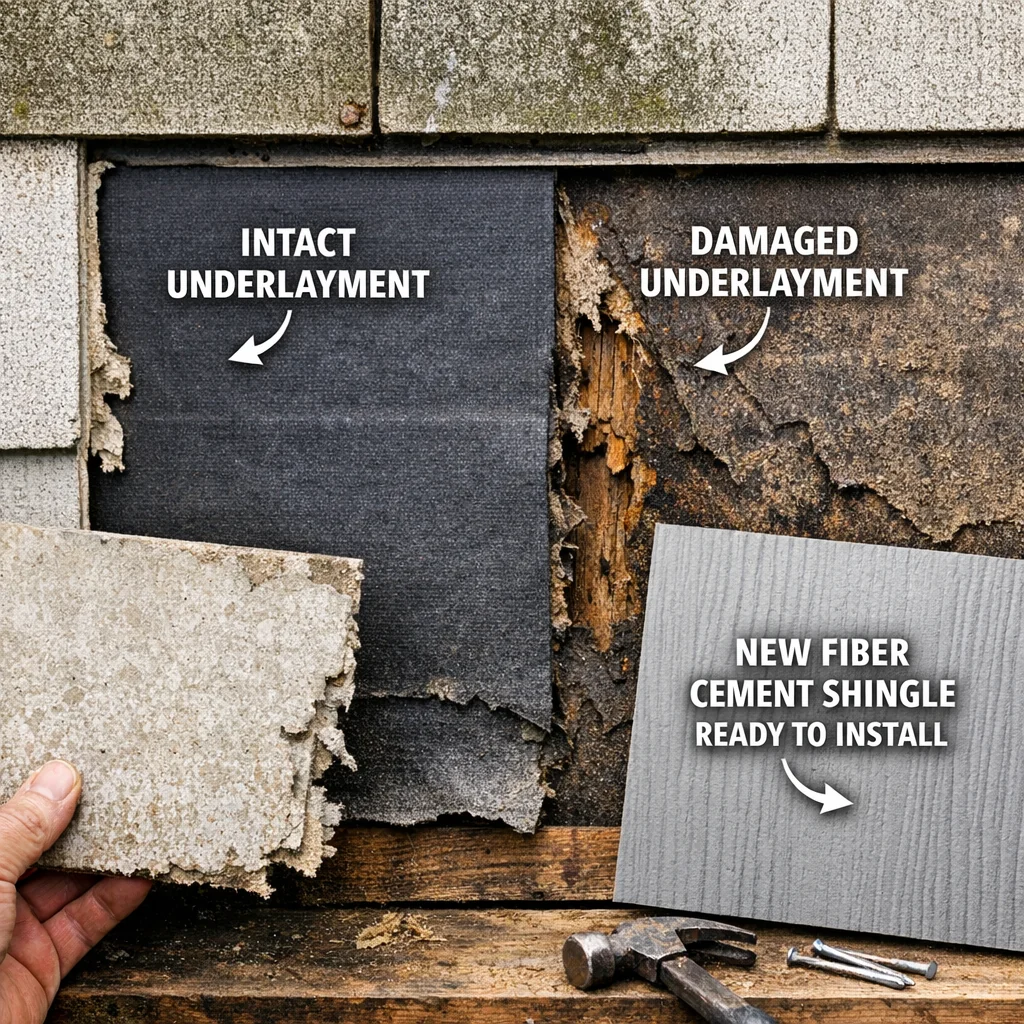 Removed asbestos shingle siding exposing torn underlayment beside a fiber-cement replacement panel ready for repair