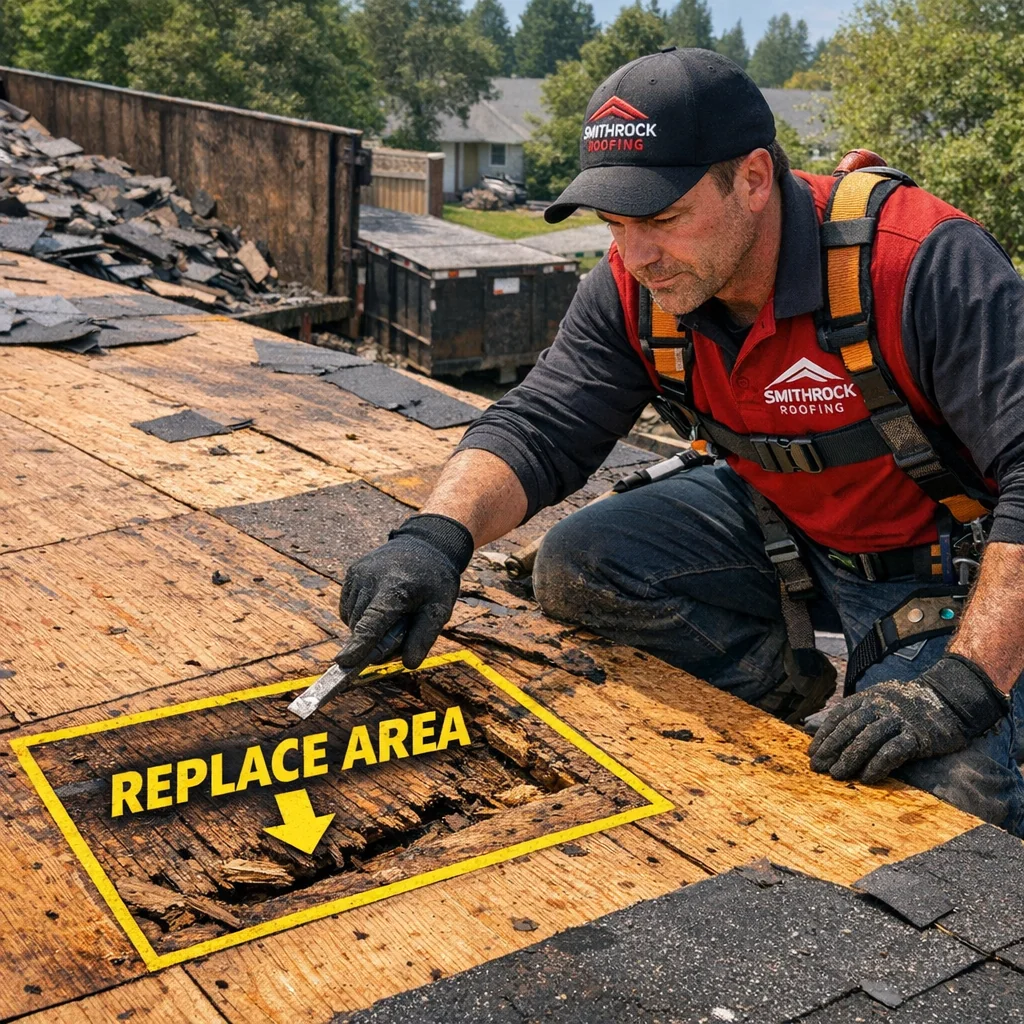 Smithrock Roofing crew member inspecting exposed sheathing during an asphalt shingle roof estimate, marking a damaged section